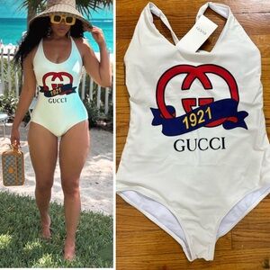 New Vintage Gucci Sparkling 1982 Logo Printed Jersey One Piece swimsuit